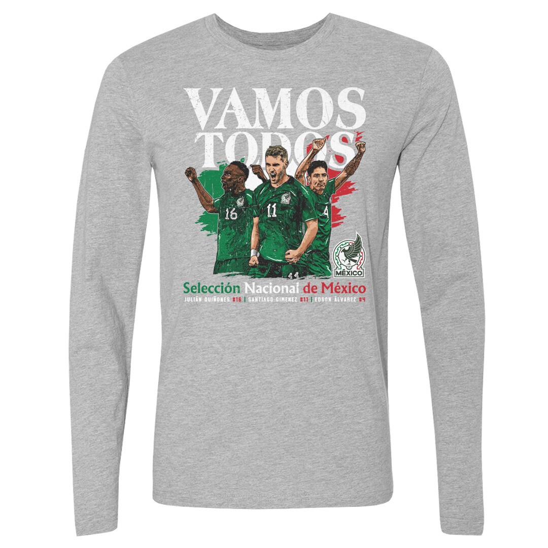 Explore mexico national team 500 level vamos todos julián quiñones santiago giménez amp edson Álvarez long sleeve t-shirt – heather gray – England World Cup Kits and Jerseys