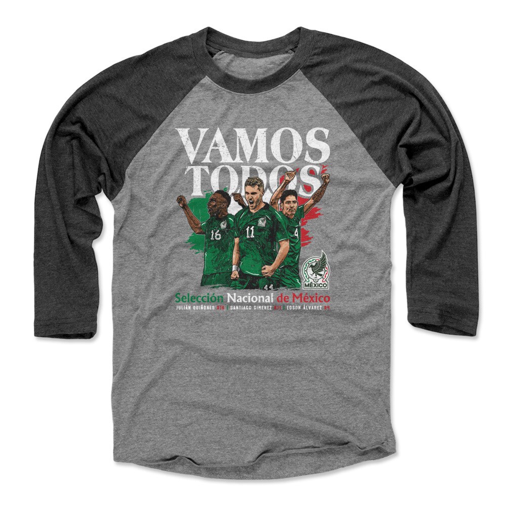 Explore mexico national team 500 level vamos todos julián quiñones santiago giménez amp edson Álvarez raglan 34-sleeve baseball t-shirt – black – England World Cup Kits and Jerseys